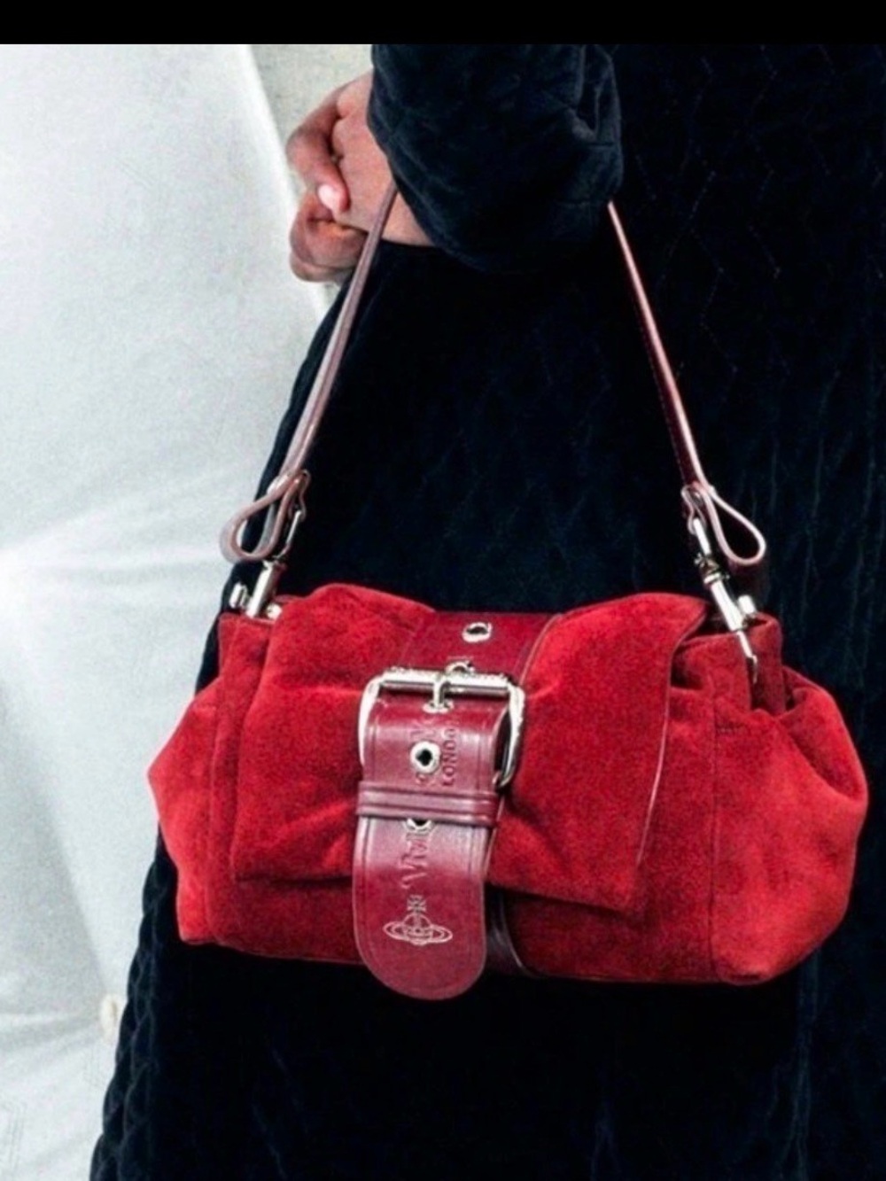 Vivienne Westwood Red Suede-Look Chain-Accent Shoulder Bag